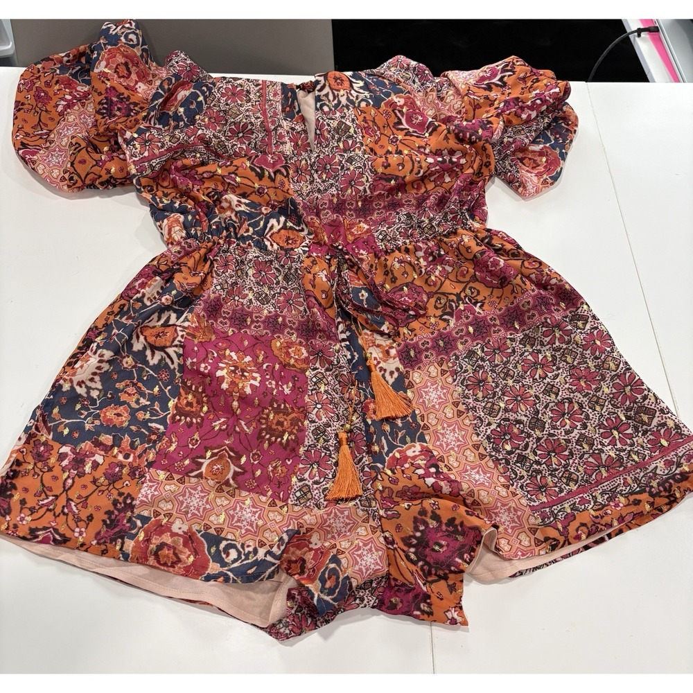 Forever 21 Romper Womens Medium Boho Floral Patchwork Long Sleeve Tassel Tie